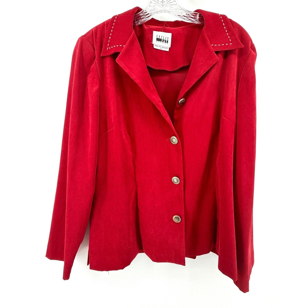 Leslie Fay Red Faux Suede Blazer Jacket Pick Stitch Sunburst Buttons Size 12